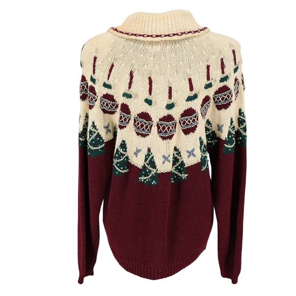 Talbots Sweater Womens Medium Ivory Burgundy Holiday Cardigan Hand Knit Vintage - Picture 2 of 14